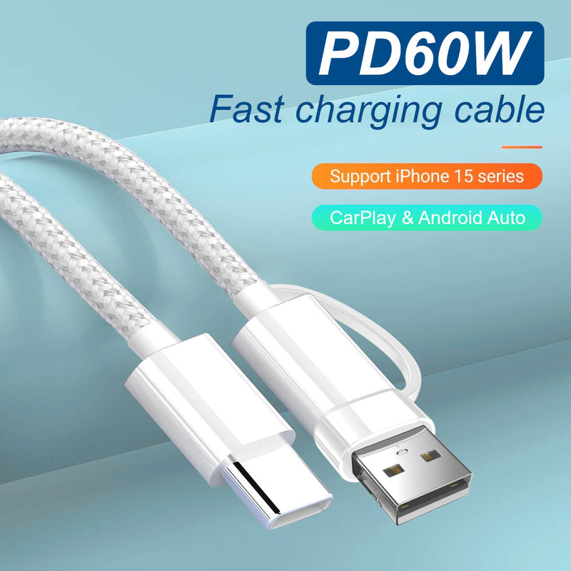 2-in-1 USB-C to USB-C Braided Cable with USB-A Adapter (3.3FT/60W)